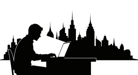 Fototapeta premium Silhouette of a person working on a laptop at a desk with an urban city skyline in the background, representing modern work and technology.