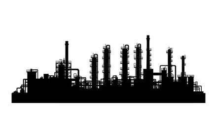 Obraz premium Black silhouette of an industrial oil refinery or chemical plant with multiple towers, pipes, and smokestacks against a white background.