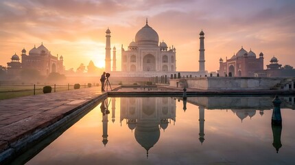 Naklejka premium Taj Mahal at sunrise with reflection.