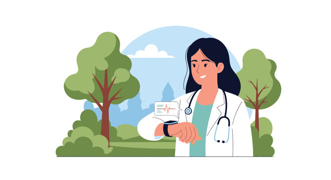 Female Doctor Monitoring Heart Rate with Smartwatch in Nature Park - Digital Health and Wearable Technology Illustration