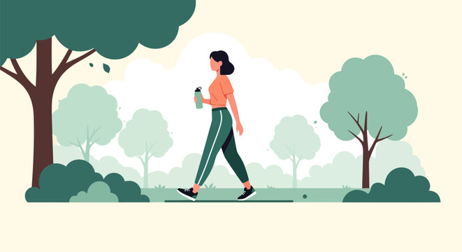 Young Woman Walking in a Public Park for Fitness and Wellness, Flat Vector Illustration of Healthy Active Lifestyle Outdoors