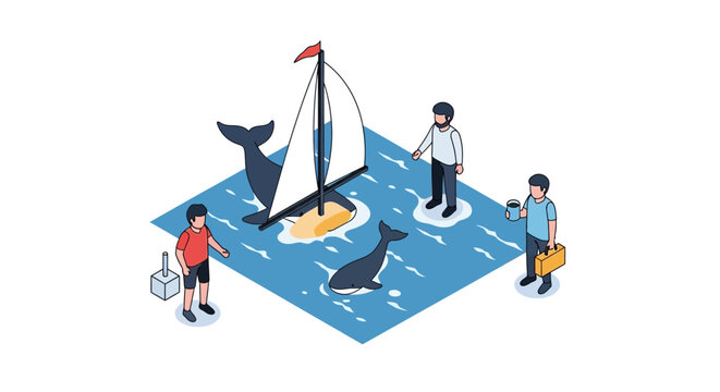 Isometric Illustration of People Sailing on the Sea with Whales.