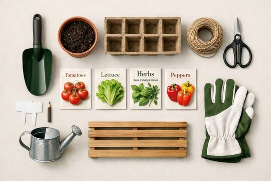 Gardening set with seed packets, tools and pots for planting. Top view of spring vegetable cultivation concept. Flat lay on light background , for seasonal growth preparation and hobby