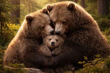Obraz premium Bear family with cub embracing in forest. Grizzly parent animals showing affection and love to their baby. Wild creature portrait