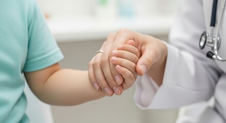 Fototapeta premium Woman doctor holding hand of child to convey comfort and support. Medical professional caring for young patient in clinic. Clinical consultation, empathy and trust between physician and small child