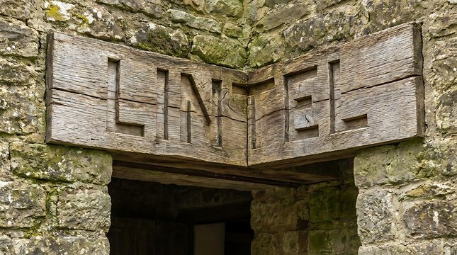 Rustic Wooden Lintel Sign Above Stone Archway Entrance.