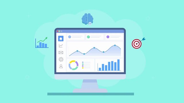 Looping flat animation of a cloud analytics dashboard with charts, brain and target icons, representing data insights, decision making, and business performance optimization.