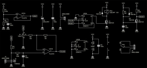 Fototapeta premium Schematic diagram of electronic device on paper sheet. Vector drawing electrical circuit with resistor, operational amplifier, connector, capacitor, relay, transistor, trigger chip, other components.