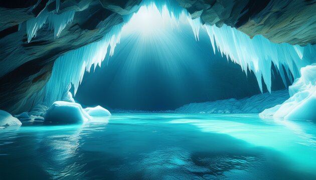 icy cave with turquoise water and sunbeams