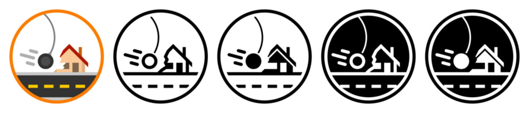 Flat house demolition icons, in outline and solid styles