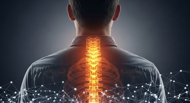 Visualisasi tulang punggung manusia yang bersinar dengan koneksi data digital, mewakili kesehatan dan teknologi medis.