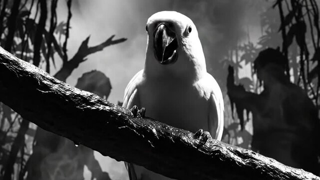 Black and white close up of a white cockatoo screeching perched on a tree branch with blurred figures in background