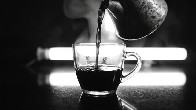 Black and White Close Up of Coffee Being Poured Into a Glass Cup With Atmospheric Fog