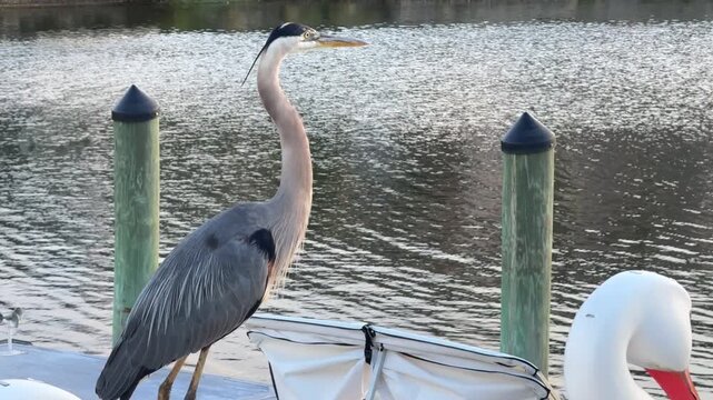 A tall great blue heron watches the water while perched beside wooden posts and gentle ripples. The serene wildlife moment highlights coastal nature and peaceful observation.