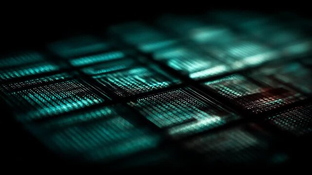 Abstract digital data grid with glowing teal and black color scheme
