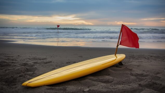 Single yellow surfboard placed on sandy beach shore with red warning flag during calm sunset over ocean waves