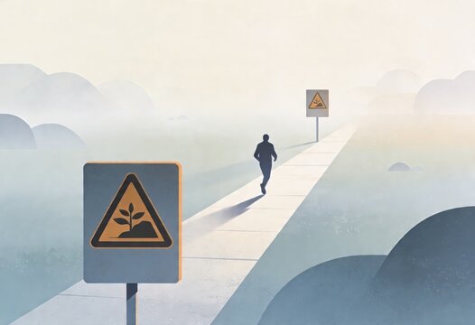 A solitary figure navigates an ethereal pathway lined with caution signs hinting at growth and environmental transformation infused with an air of mystery and introspection