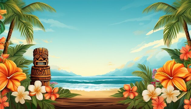hawaiian tiki beach border for a custom message or design background photo backdrop ocean waves flowers palm leaves polynesian carved statues luau invitation