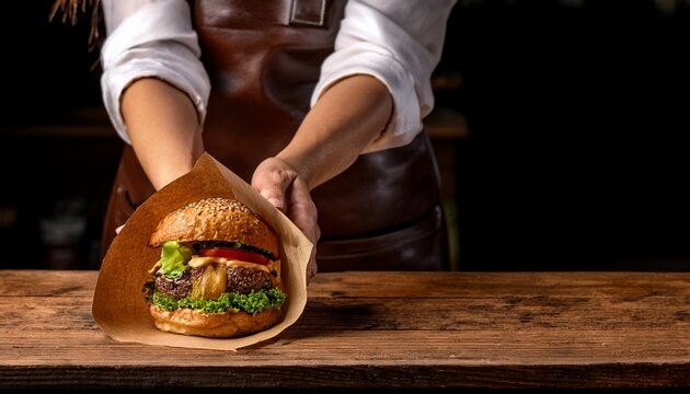 hands of a chef in a leather apron passing a double smash burger wrapped in brown paper to a customer over a rustic wooden counter