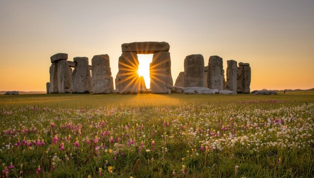 Stonehenge ancient monument at sunrise with a glowing sunburst between the megalithic stone structures