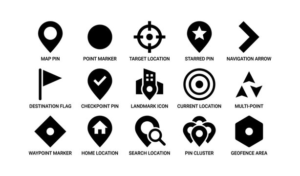 Map and location icons showing pins navigation and geofence