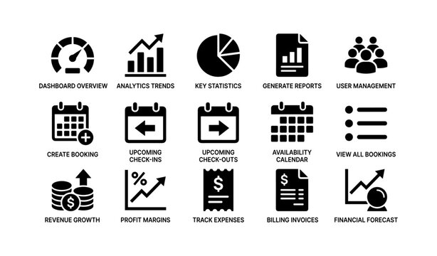 Dashboard icons illustrating analytics bookings and financial reports