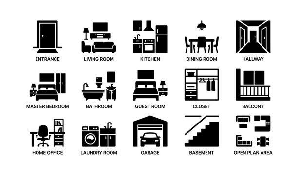 Home interior room icons arranged in grid layout showing spaces