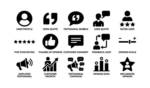 Row of testimonial and rating icons with labels on white background