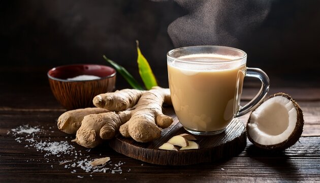 steaming mug of creamy ginger tea with fresh ginger root and coconut pieces on a dark rustic wooden surface