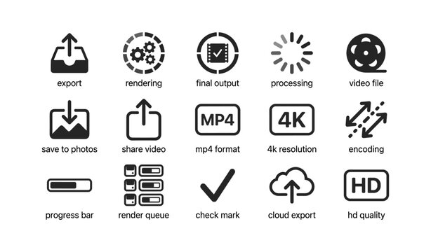 Video processing and export icons arranged in labeled grid