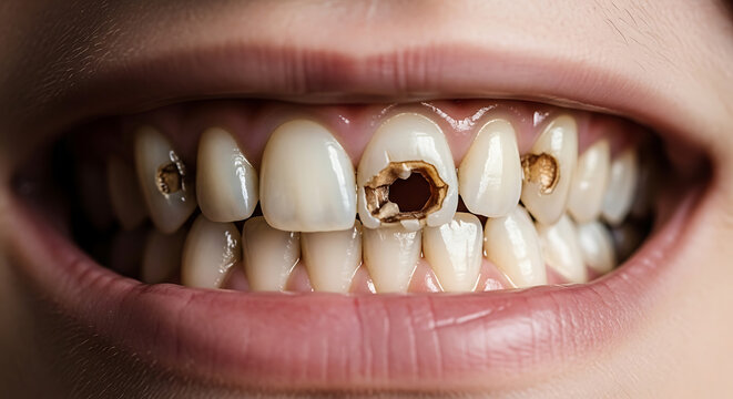 close up of a human mouth showing decayed teeth with large cavities, dental health problem, tooth decay and cavities, bad oral hygiene concept