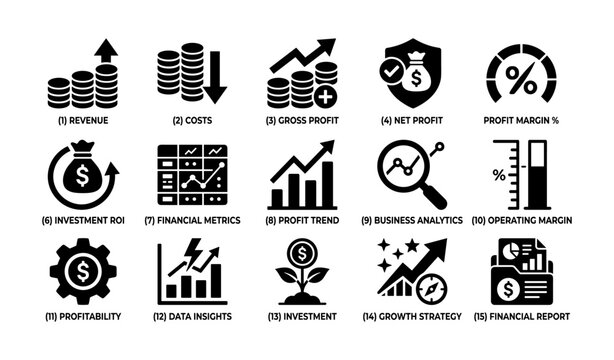 Financial metrics and profit icons arranged in white grid