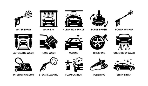 Car wash service icons showing cleaning steps on white background