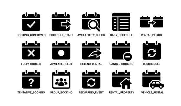 Calendar and booking icons arranged in labeled white grid