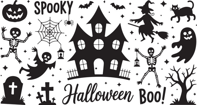 Set of various Halloween icons featuring haunted house skeletons ghosts and bats in black silhouette style