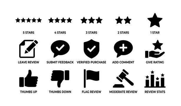 Review and rating icons showing stars feedback and moderation symbols