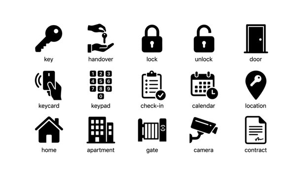 Access icons showing keys locks doors and property check in on white