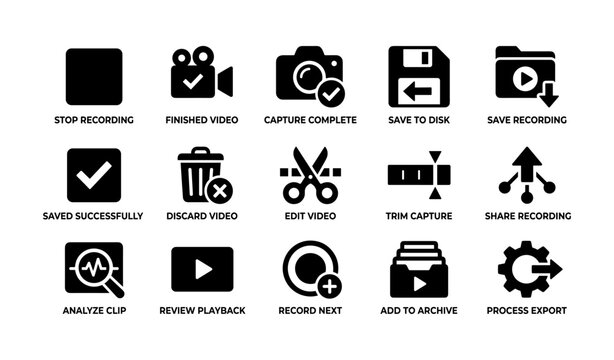 Recording workflow icons for capture and editing on white background