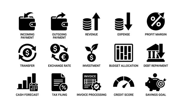 Finance icons showing transactions and metrics on white background