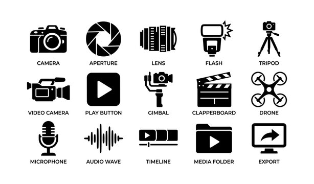 Photography and video icons arranged in grid on white