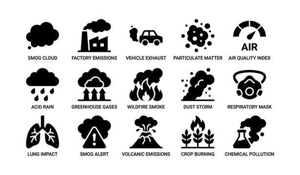 Air pollution and hazard icons arranged in grid on white