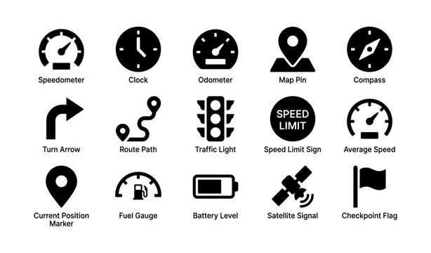 Navigation and vehicle instrument icons on white background