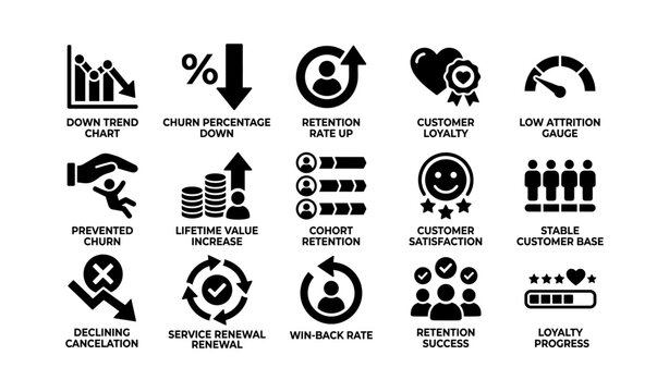 Customer retention and churn icons grid on white background