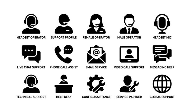 Customer support and help desk icons displayed on white background