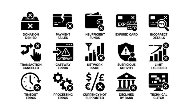 Payment failure and transaction error icons shown on white background
