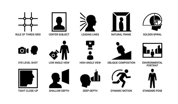 Photography composition icons showing framing and angles on white