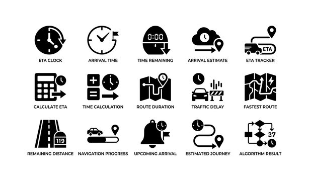 Eta and navigation icons arranged in grid on white background
