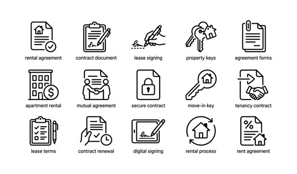 Rental and lease icons showing agreement and signing on white