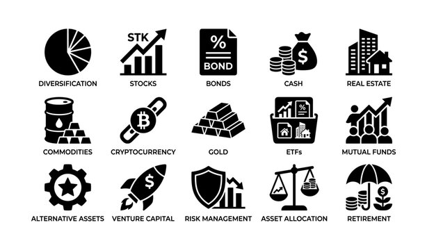 Finance and investment icons arranged in grid on white background