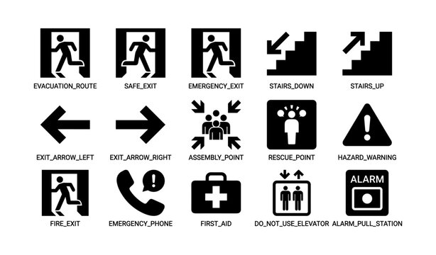 Emergency and safety icons arranged in grid on white background